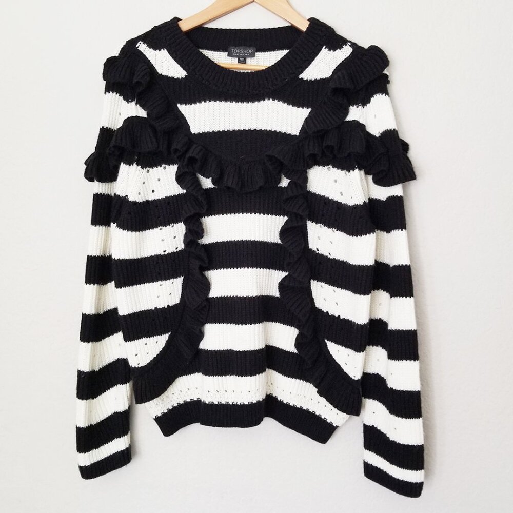 Topshop Humbug Ruffle Striped Knit Sweater Size 8 Black White Romantic Parisian - Picture 3 of 15